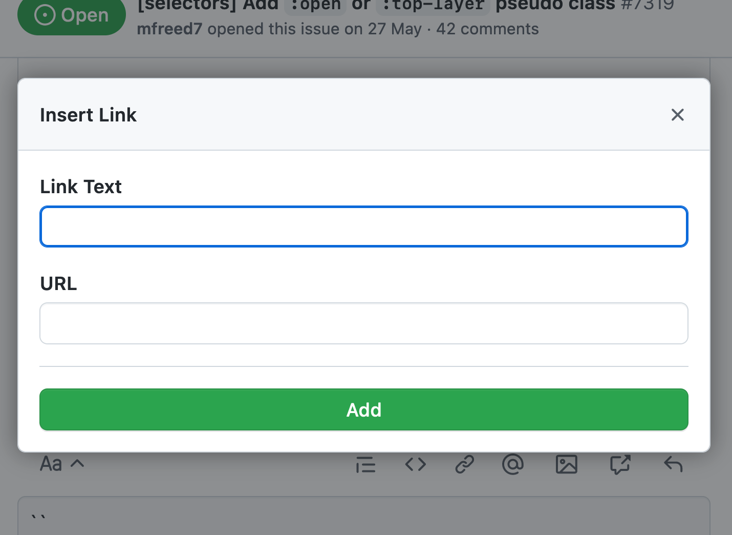 Insert link dialog with behind it a dimmed background. It has fields for Link Text and URL, buttons to close the dialog or add the link