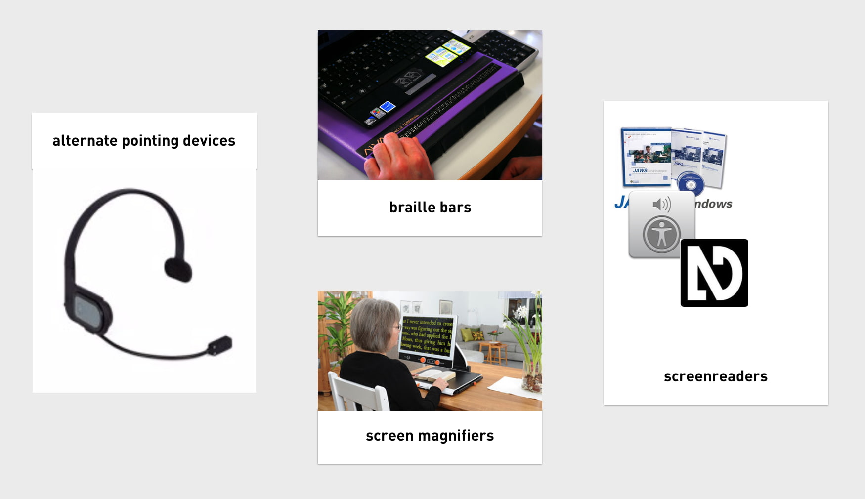 Alternate pointing devices, braille bars, screen magnifiers and screenreaders