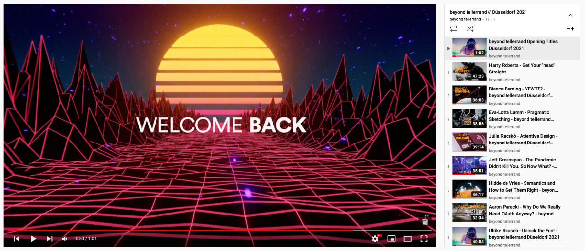 beyond tellerrand speakers page; screenshot of youtube player showing welcome back video and a list of beyond tellerrand talks