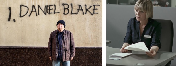 On the left a man in front of graffiti that says I, Daniel Blake; on the right staff in an office