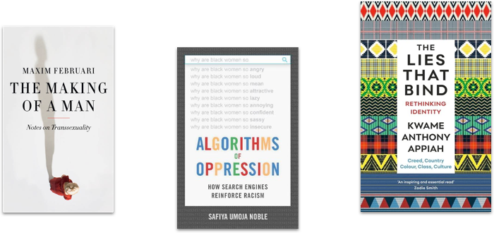Book covers making of a man, algorithms of oppression, the lies that bind