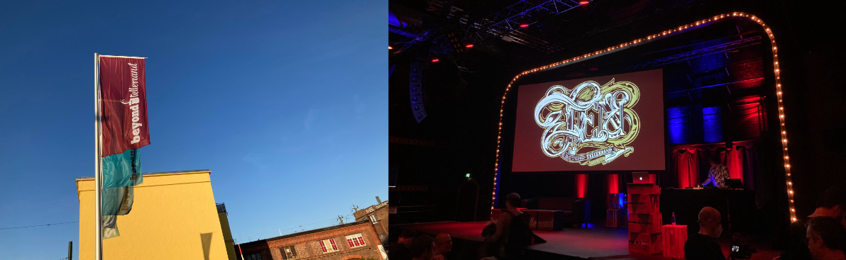 two photos, on the left beyond tellerrand flags outside with blue background, on the right a stage with a ten years beyond tellerrand slide with creative lettering