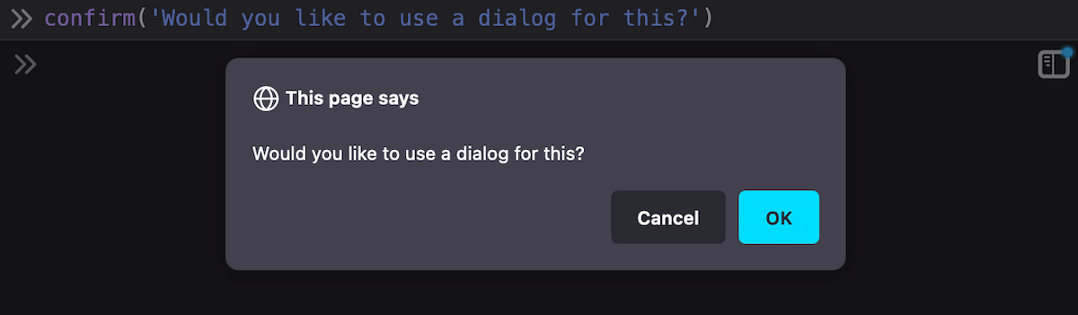 dialog that says Would you like to use a dialog? with cancel and ok button