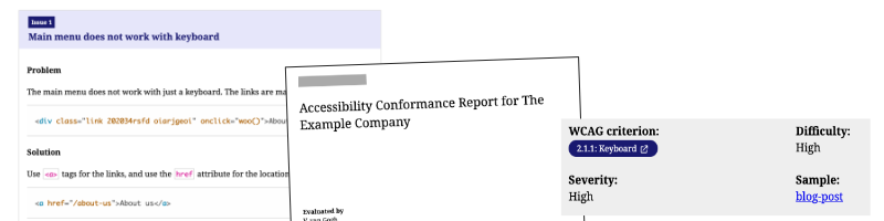 Example report shows an issue with code example, a listing of wcag criterion, severity and difficulty and what the sample is