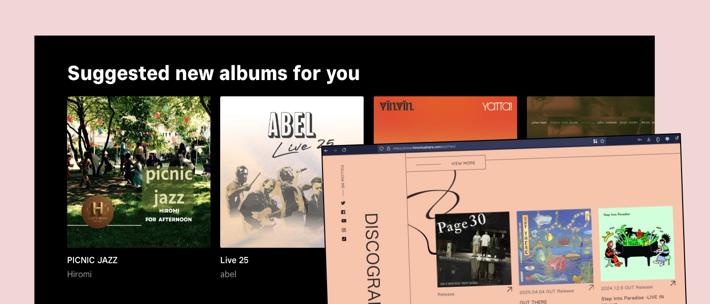 on the left, screenshot of Tidal with suggested albums for you, the first is something called picnic jazz (all caps) by Hiromi with generic album art; on the right a discography page