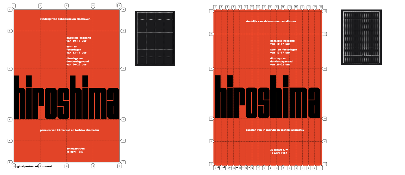 Left   poster with simple grid overlayed, right   poster with complex grid overlayed