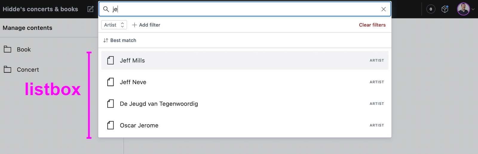 search field as part of an interface's top bar, two characters are entered and a list of possible things to search for pops over in a box that also contains filters and sorting options