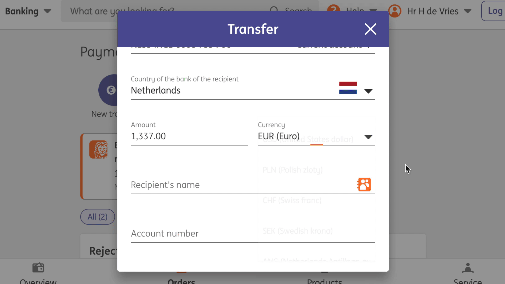 a bank transfer screen where the cursor moves to select a currency from a list