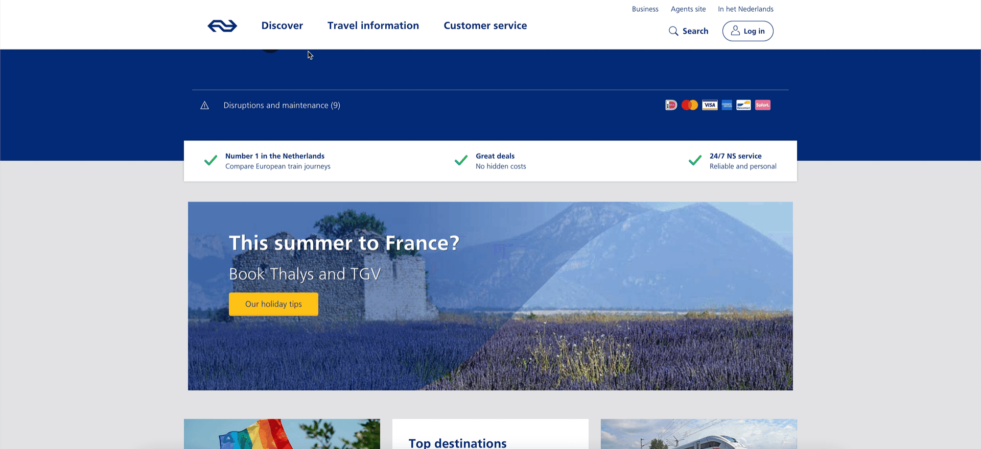 travel website with three nav items: discover, travel infromation and customer service; on hover of the nav items a dialog opens with headings and links over multiple columns opens