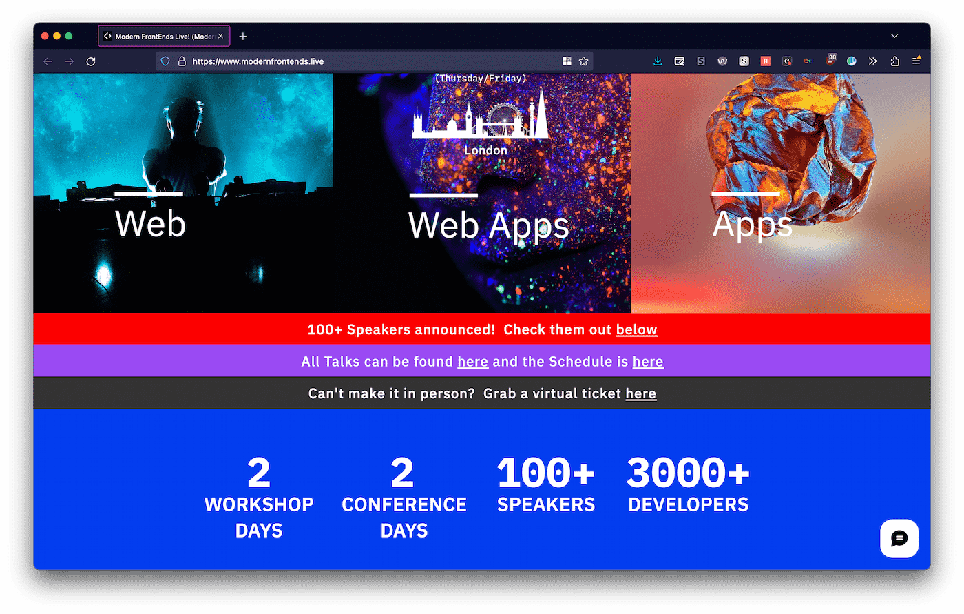screenshot of modernfrontends.live, displaying 100+ speakers announced, 2 workshop days, 2 conference days, 100+ speakers, 3000+ developers