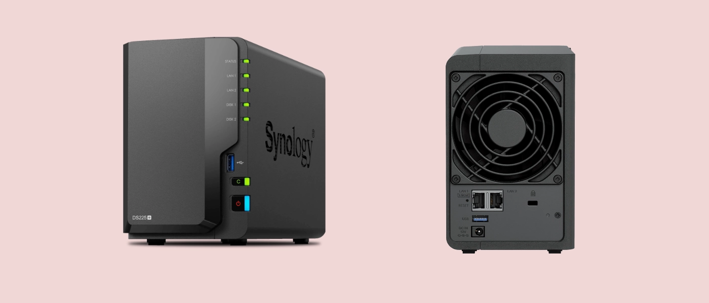 black synology nas drive pictured from front and back, with a number of lights and power button visible on the front, cooler visible at the back