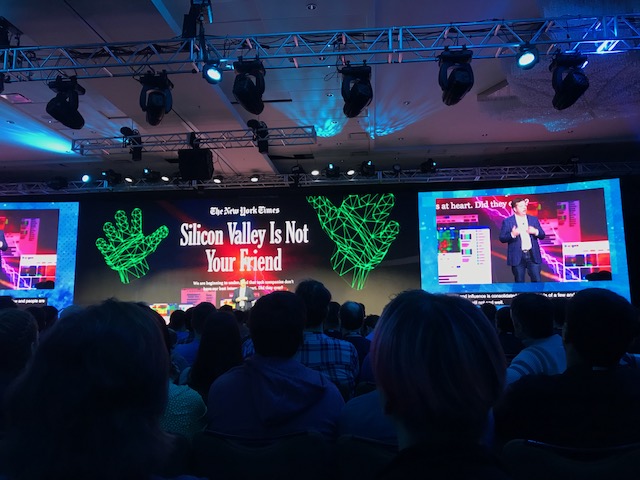 Chris Beard in front of slides with New York Times article titled Sillicon Valley is not your friend