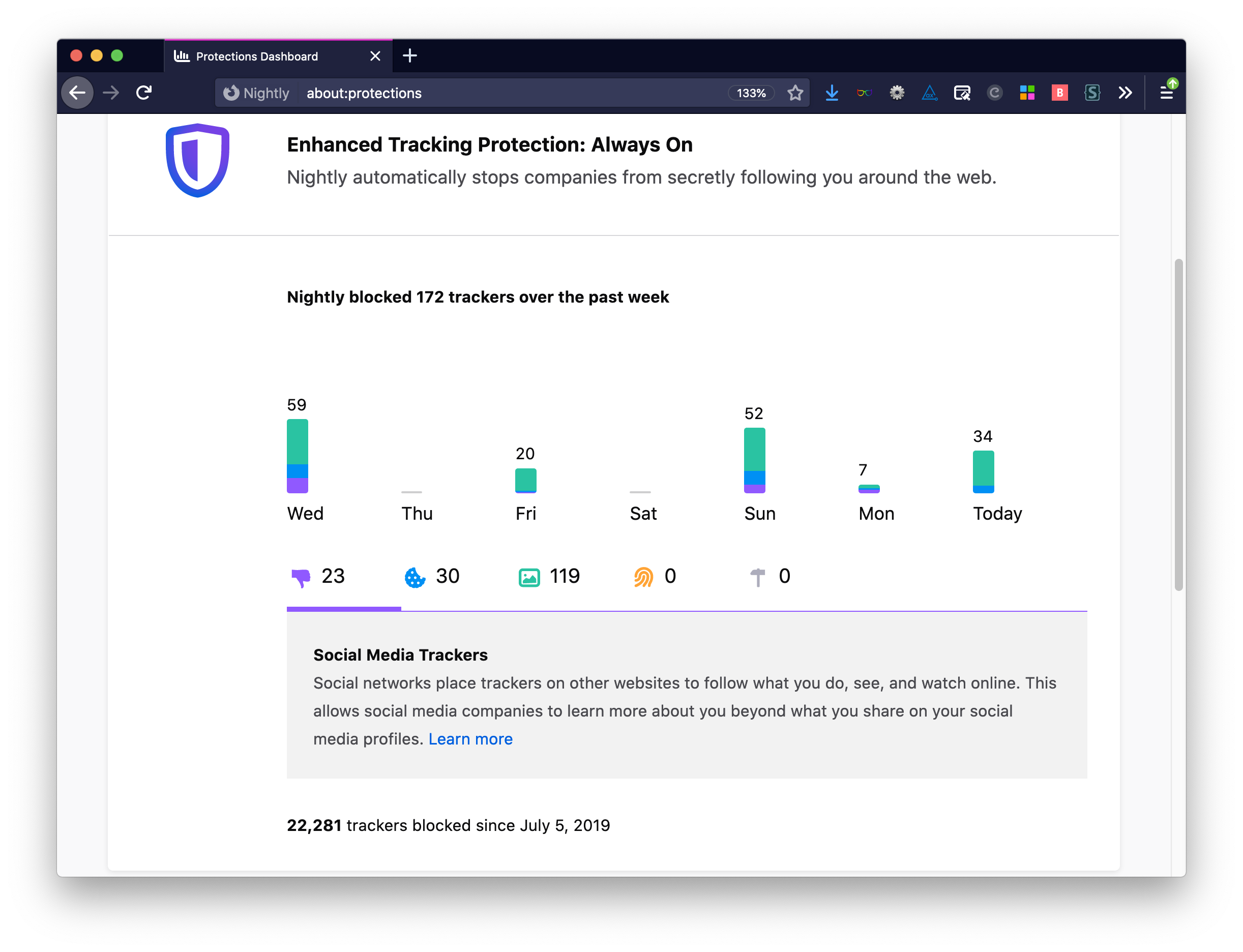 Enhanced Tracking Protection: Always On. Nightly automatically stops companies from secretly following you around the web. Nightly blocked 172 trackers over the past week. Graph split out by category and days of the week. 22,281 trackers blocked since July 5, 2019