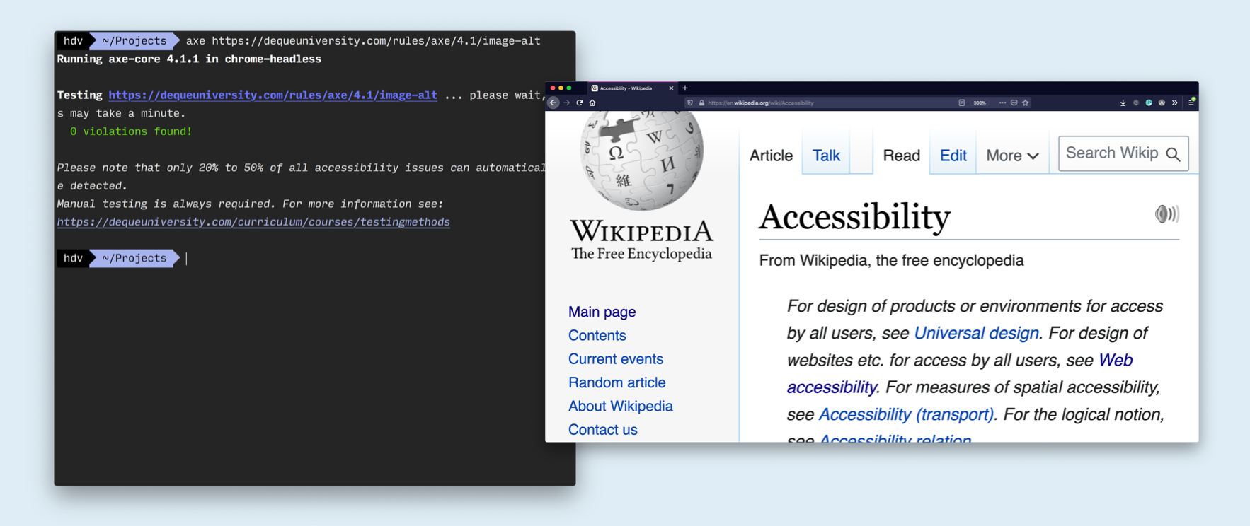 screenshot of terminal window running axe and another screenshot of wikipedia zoomed in 300%