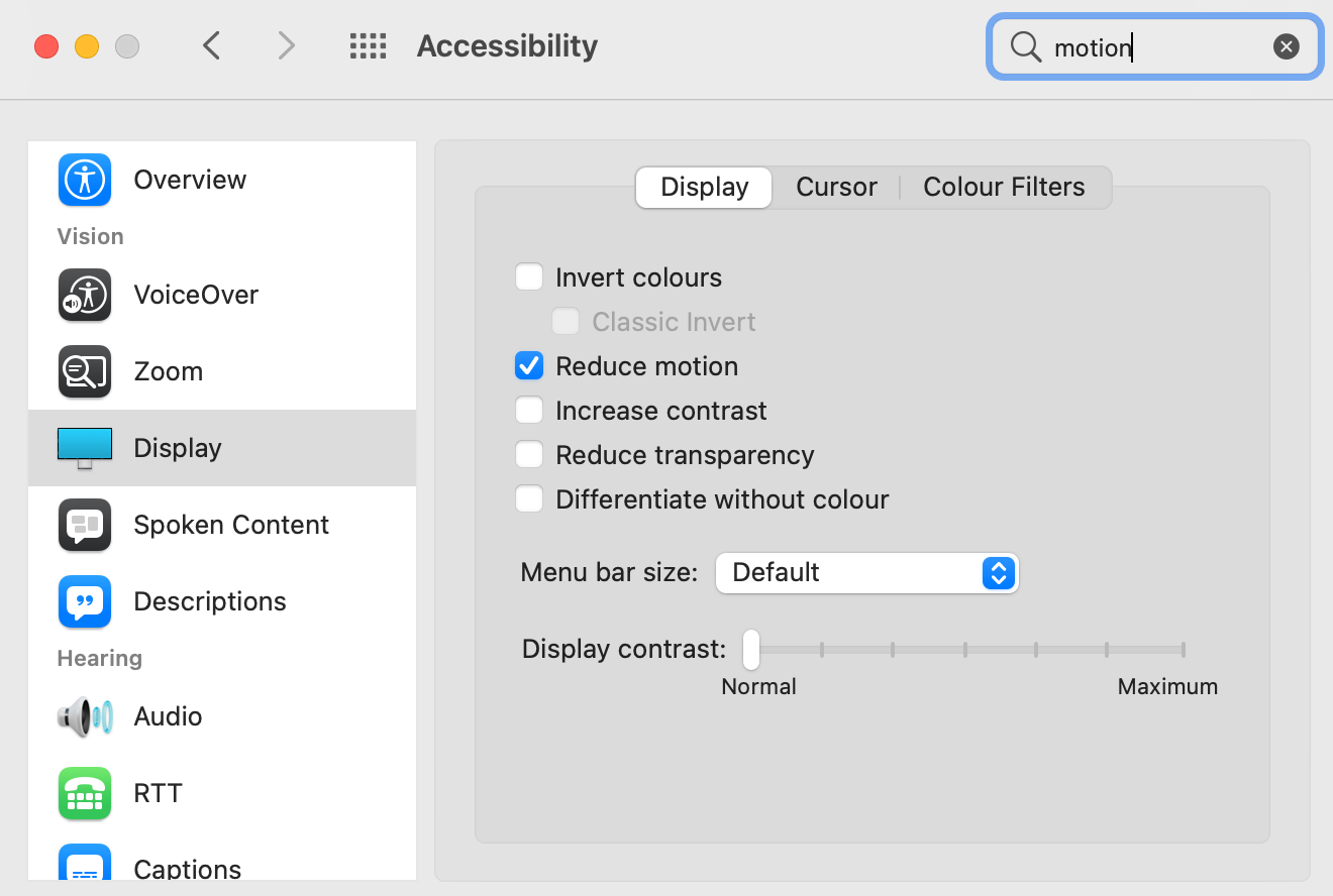 macOS accessibility settings menu with motion checked