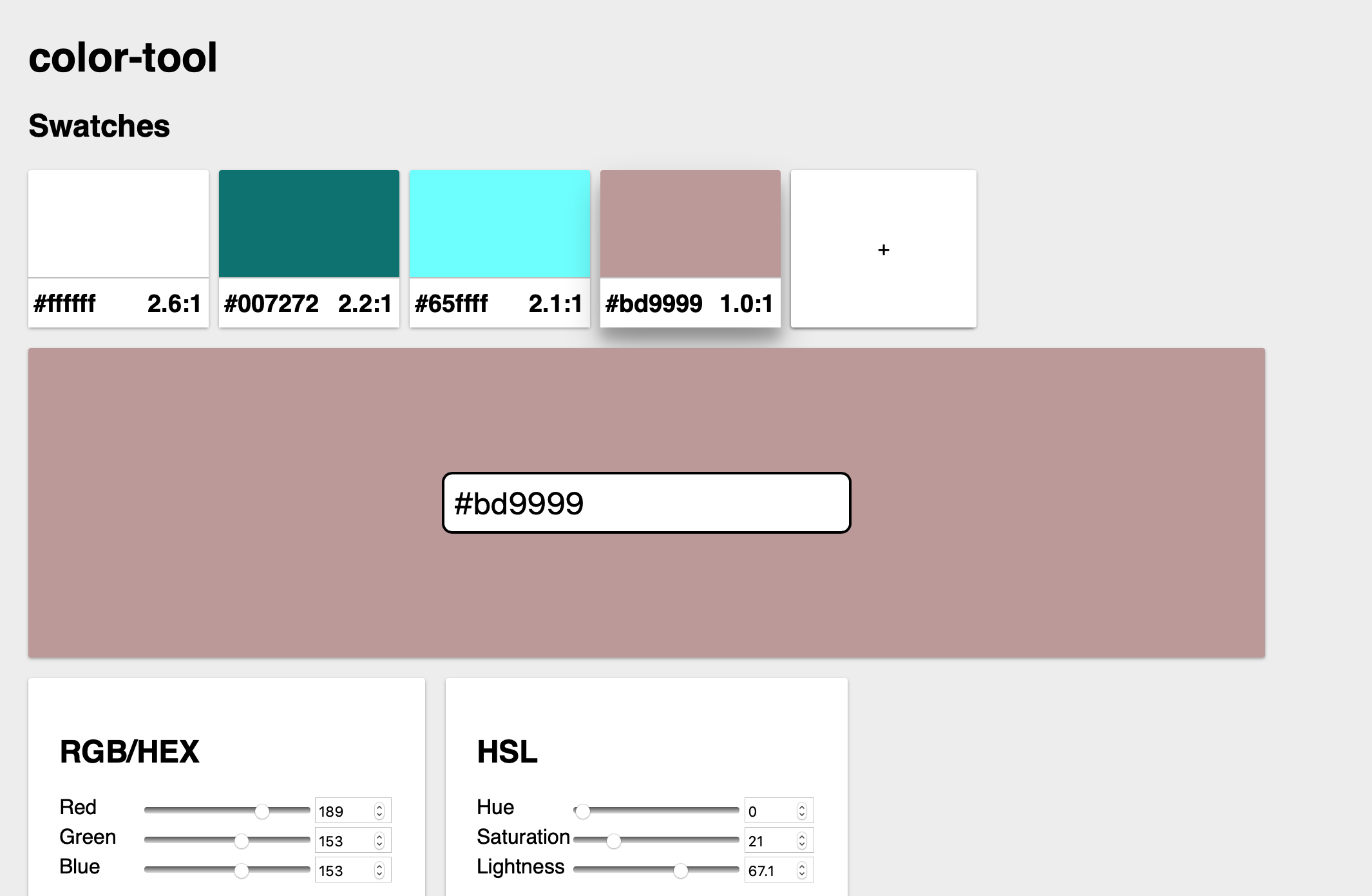 Screenshot of Eriks color tool with at the top four swatches and slides that allow selecting rgb and hsl colors