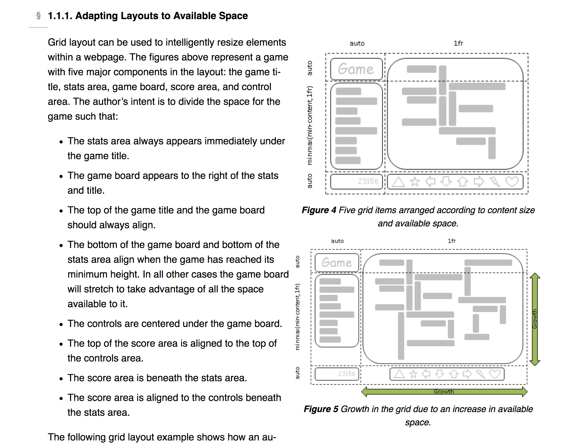 Screenshot of Grid specification that shows how a game could be built flexibly with Grid Layout