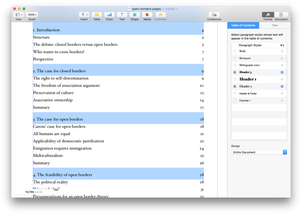 Screenshot of Pages application with table of content settings open