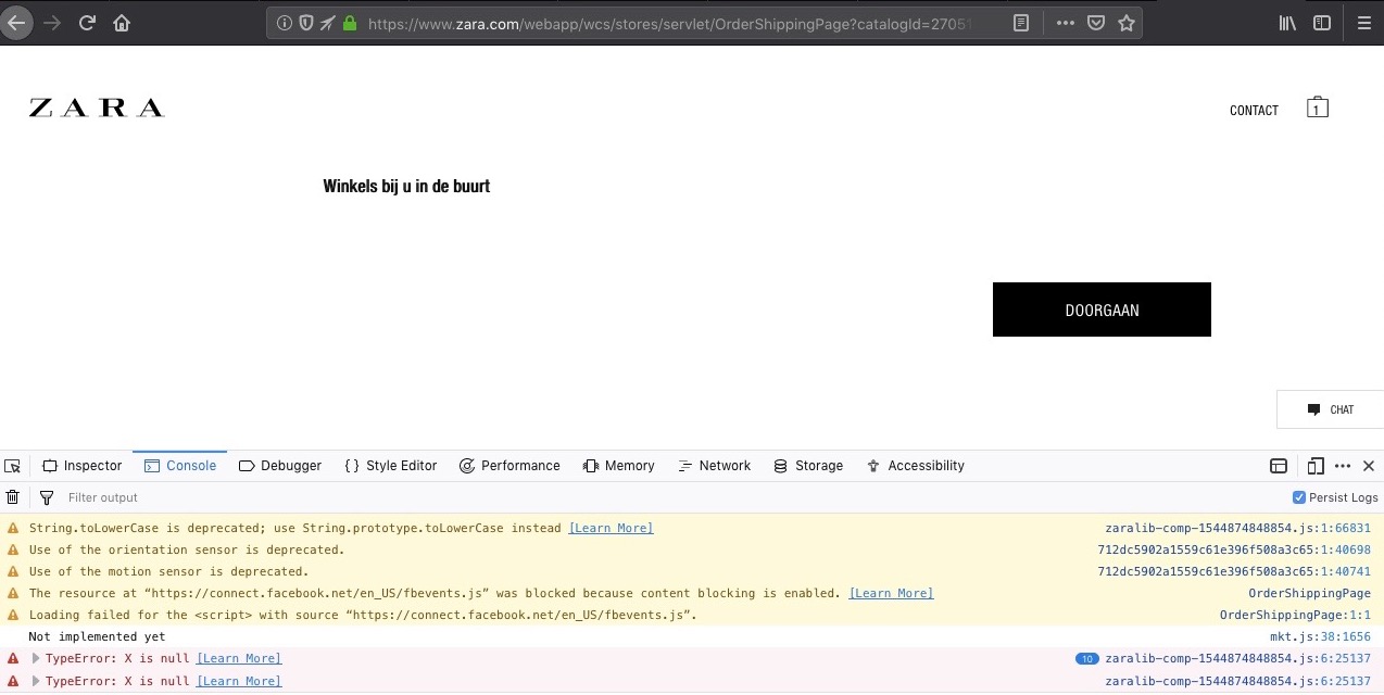 Screenshot of Zara checkout with TypeErrors in dev tools console