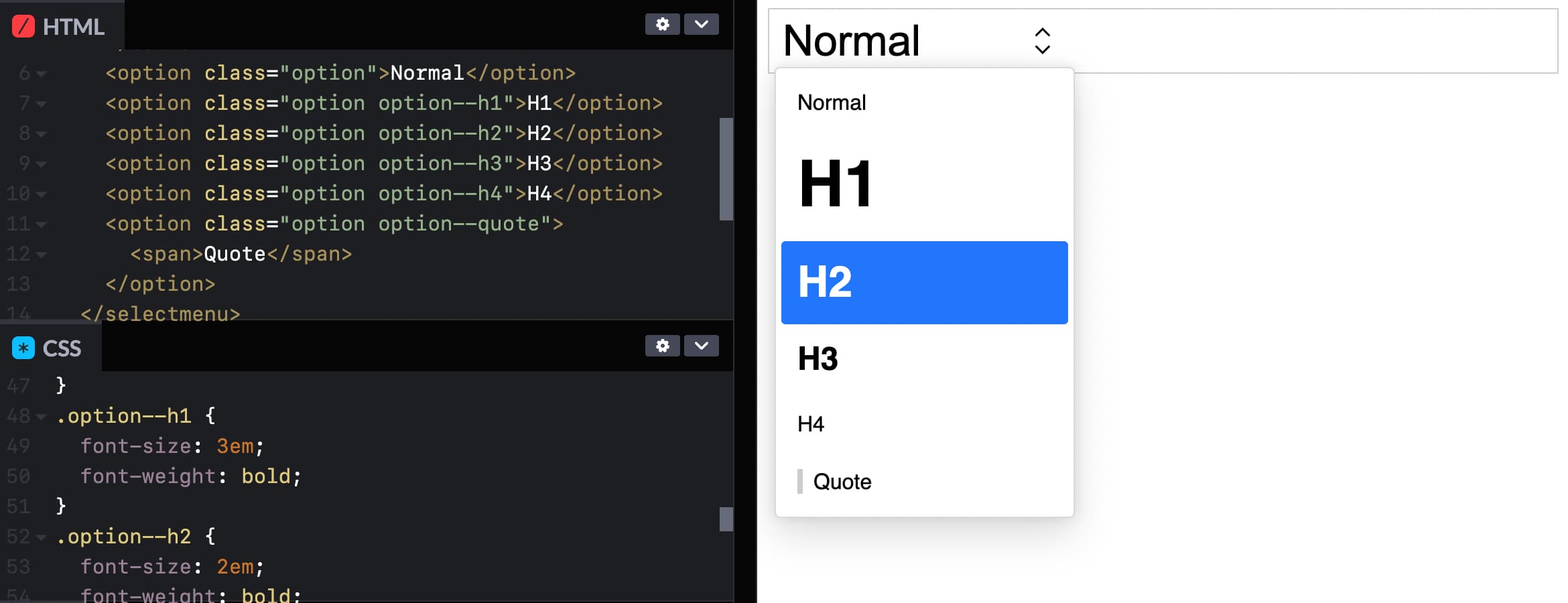 Codepen screenshot with <option> elements in HTML, and styles applies by targeting with option--h1, option--h2 as the selector, plus a preview. 