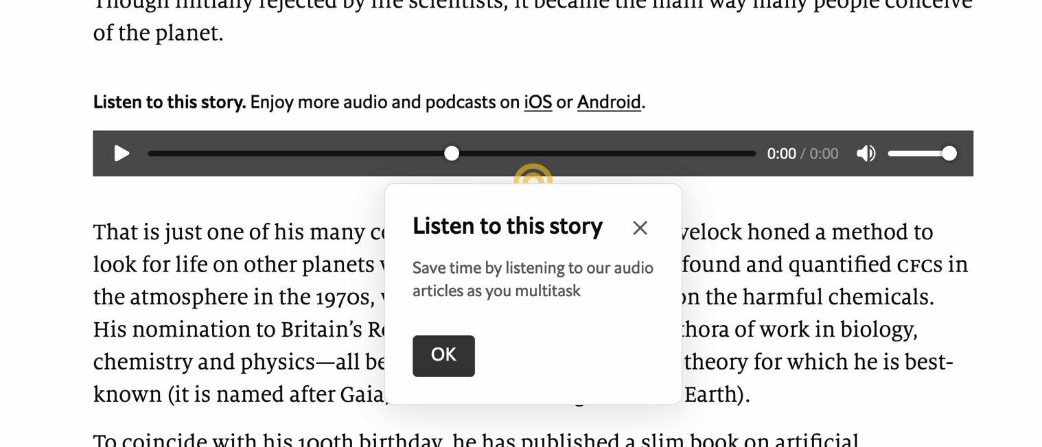 paragraph of text, in the middle is an audio player with heading “listen to this story”; overlaid is a dialog that says Listen to this story; Save time by listening to our audio articles as you multitask with an OK button underneath and a button with a close icon in the top right corner