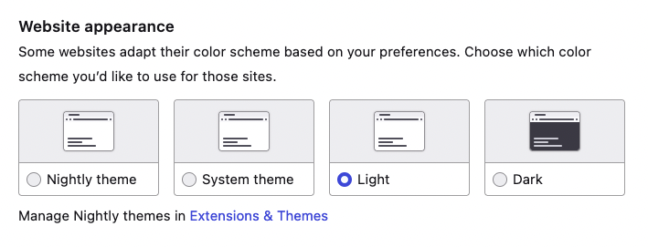 Website appearance setting, that allows to choose between Nightly theme, System theme, Light or Dark