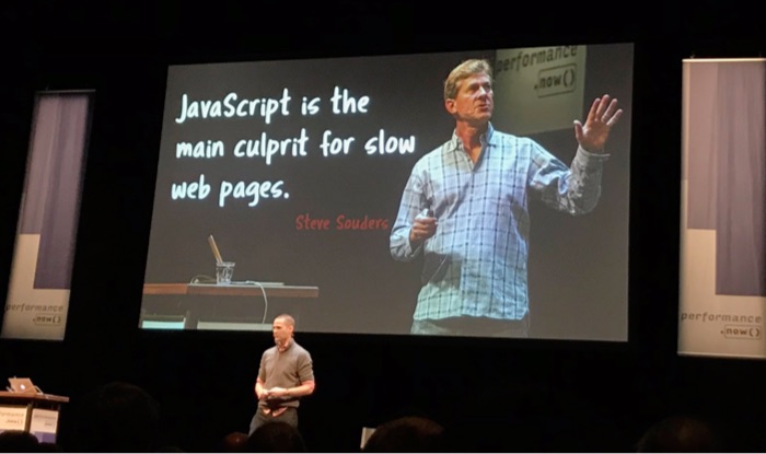Tim Kadlec in front of slide with Steve Souders saying JavaScript is the main culprit for slow web pages