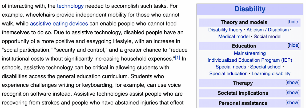 wikipedia content with on the right hand side a box called Disability, under which all sections have show buttons, except the first two, which are expanded and have hide buttons next to them