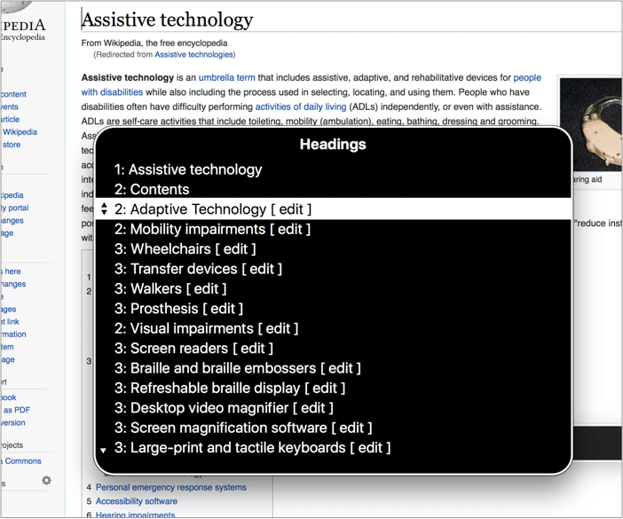 Wikipedia page about assistive technologies with voiceover rotor headings open
